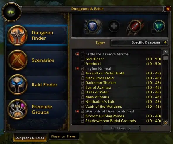 List of available dungeons in Dungeon and Raid Finder in World of Warcraft